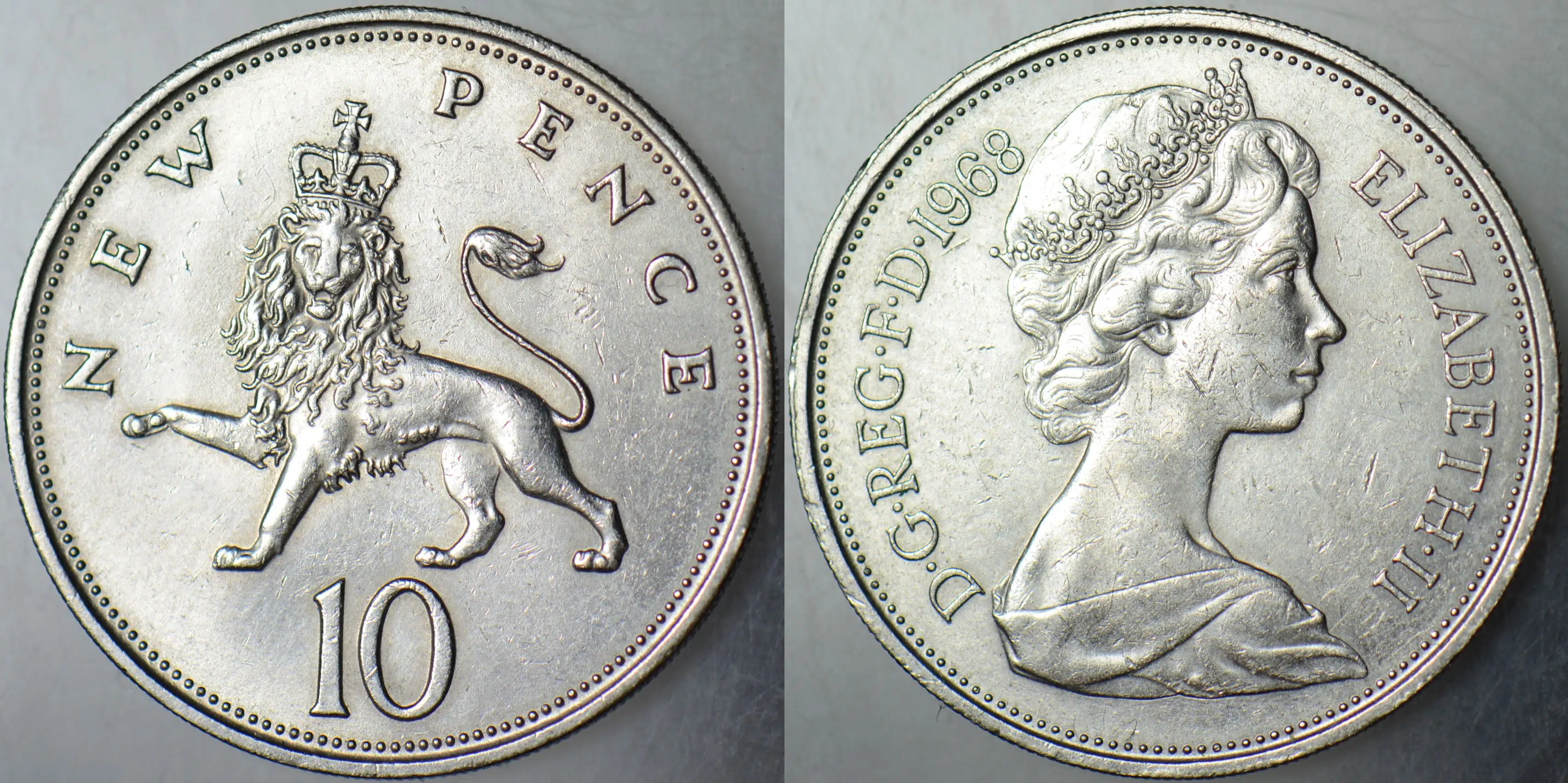 BİRLEŞİK KRALLIK 10 PENCE 1968 KRALİÇE II. ELİZABETH GENÇ BÜST. 28,5 mm ÇİLALTI(-)