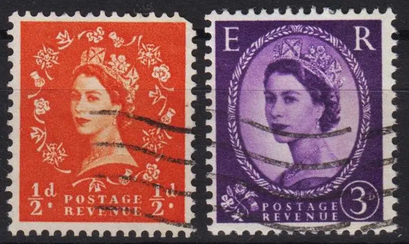 BİRLEŞİK KRALLIK 2 ÇEŞİT DAMGALI PUL KRALİÇE II. ELİZABETH PORTRELİ 1950LER 1960LAR. İNGİLTERE.