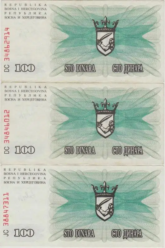 BOSNA HERSEK 100 DİNAR 1992. İÇ SAVAŞ DÖNEMİ. ÇOK ÇOK TEMİZ KONDİSYON.