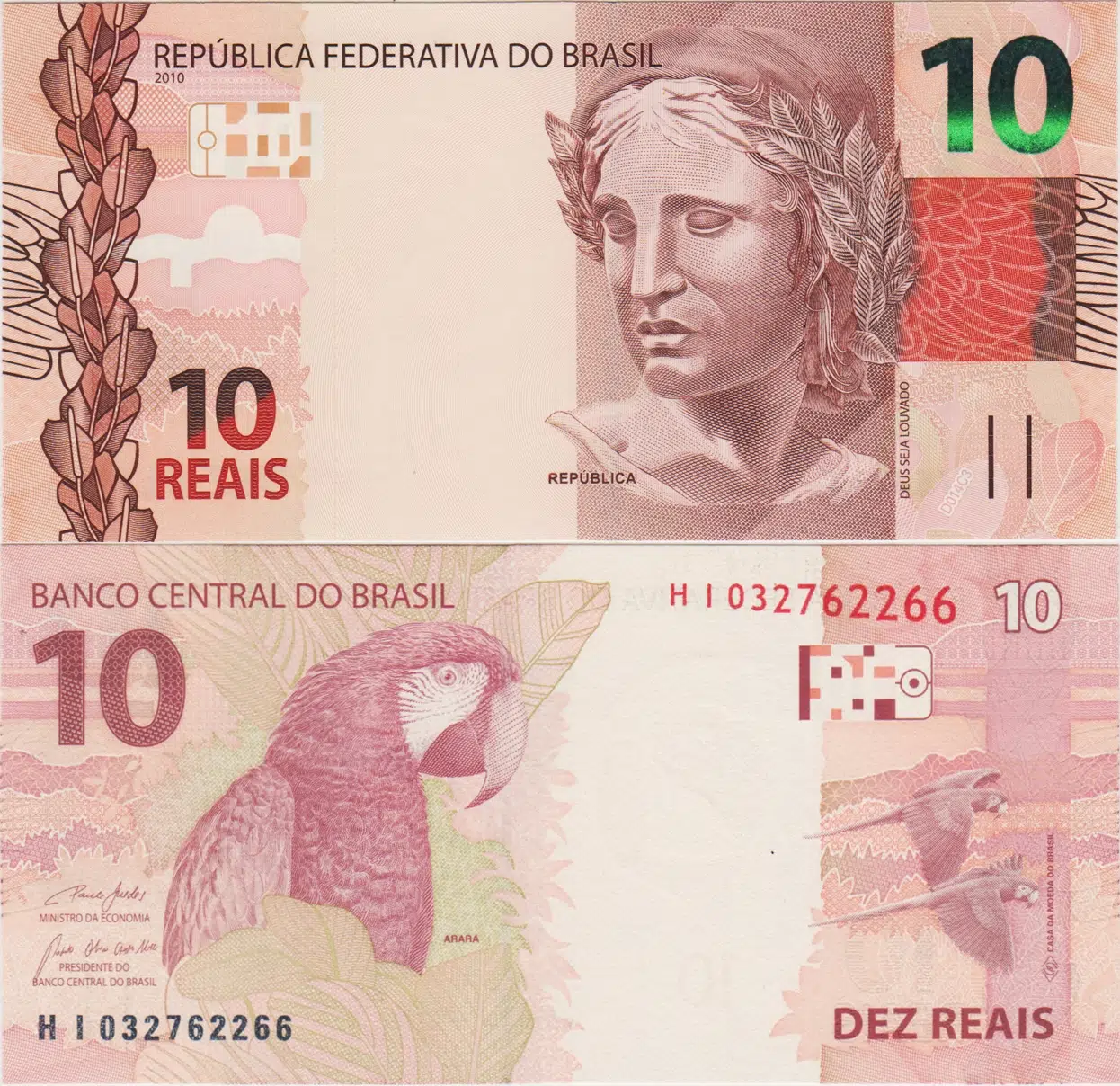 BREZİLYA 10 REAİS 2010 (2019) MACAW PAPAĞANI TEMALI. ÇİL KONDİSYON.