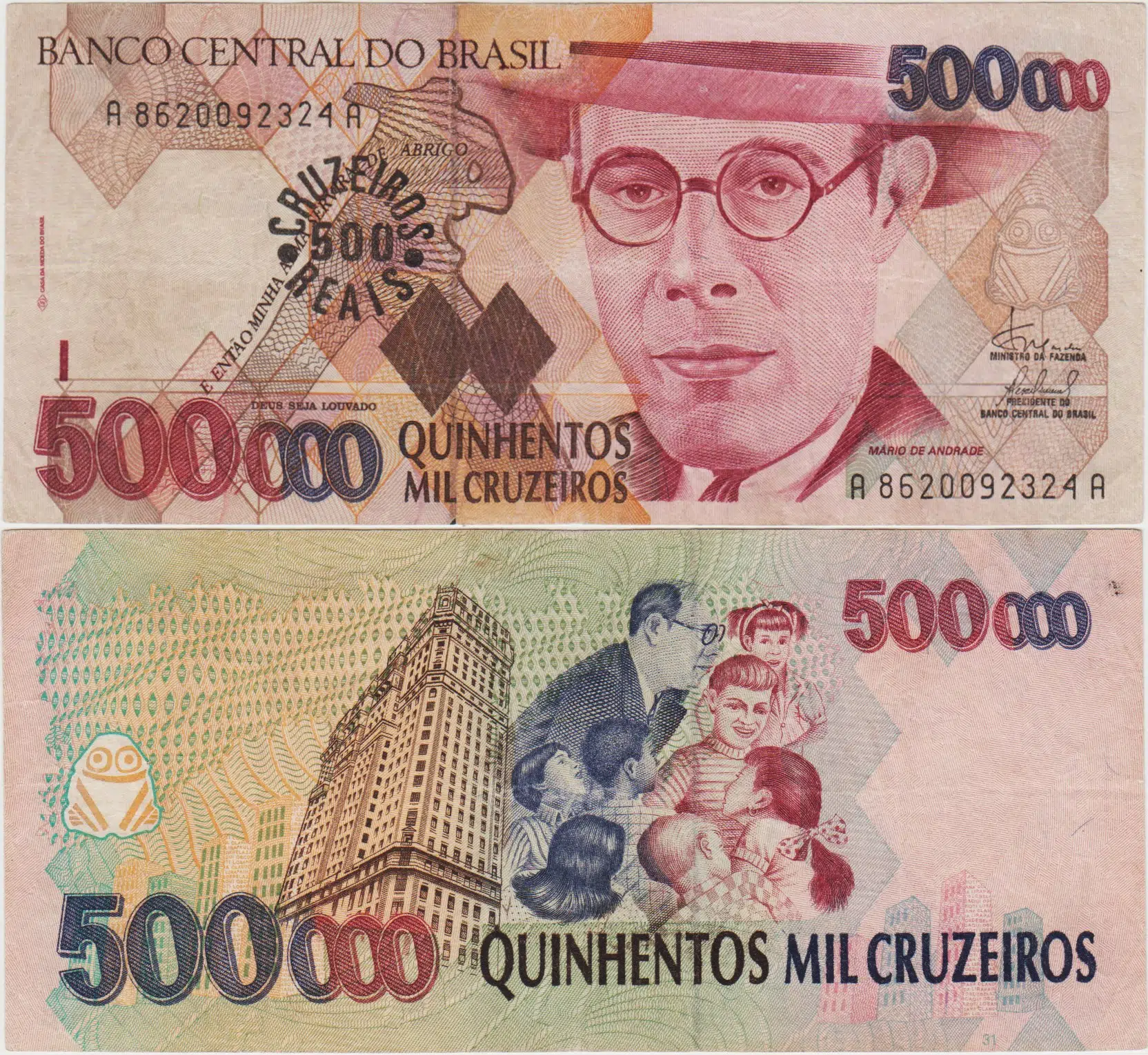 BREZİLYA 500 REAİS 1993 500.000 CRUZEİROS ÜSTÜNE SÜRŞARJ. ÇOK TEMİZ+