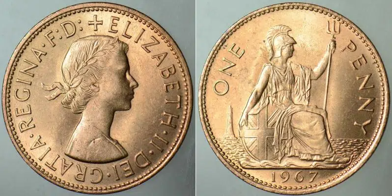 BİRLEŞİK KRALLIK 1 PENNY 1967. KRALİÇE II. ELİZABETH GENÇ BÜST. 31 mm BAKIR. İNGİLTERE. ÇİL KONDİSYON.
