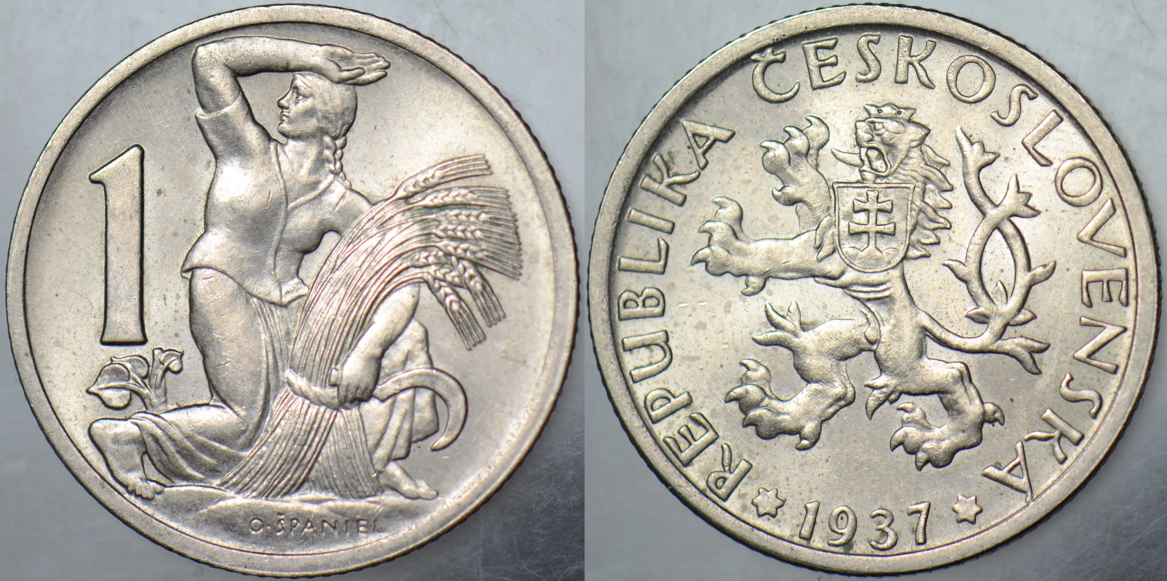 ÇEKOSLOVAKYA 1 KORUNA 1937 ÇİFTÇİ KADIN TEMALI. ÇİL