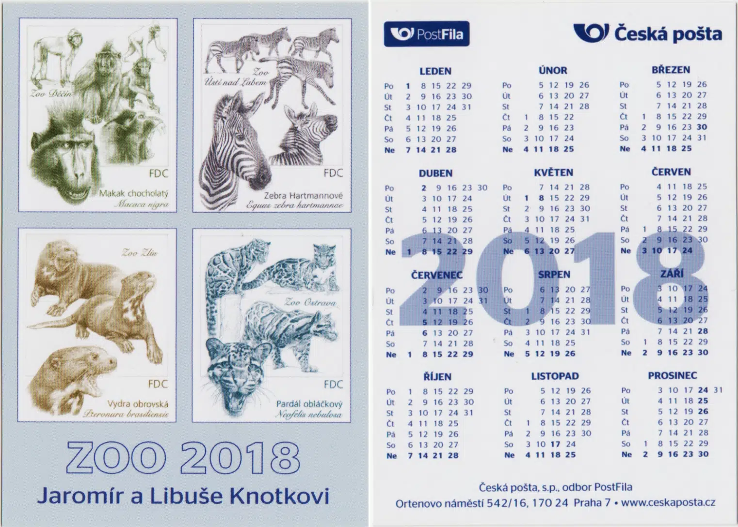 ÇEKYA PSOTANESİ 2018 YILI TAKVİMİ - HAYVANLAR FDC TEMALI. KULLANLMAMIŞ - SIFIR.