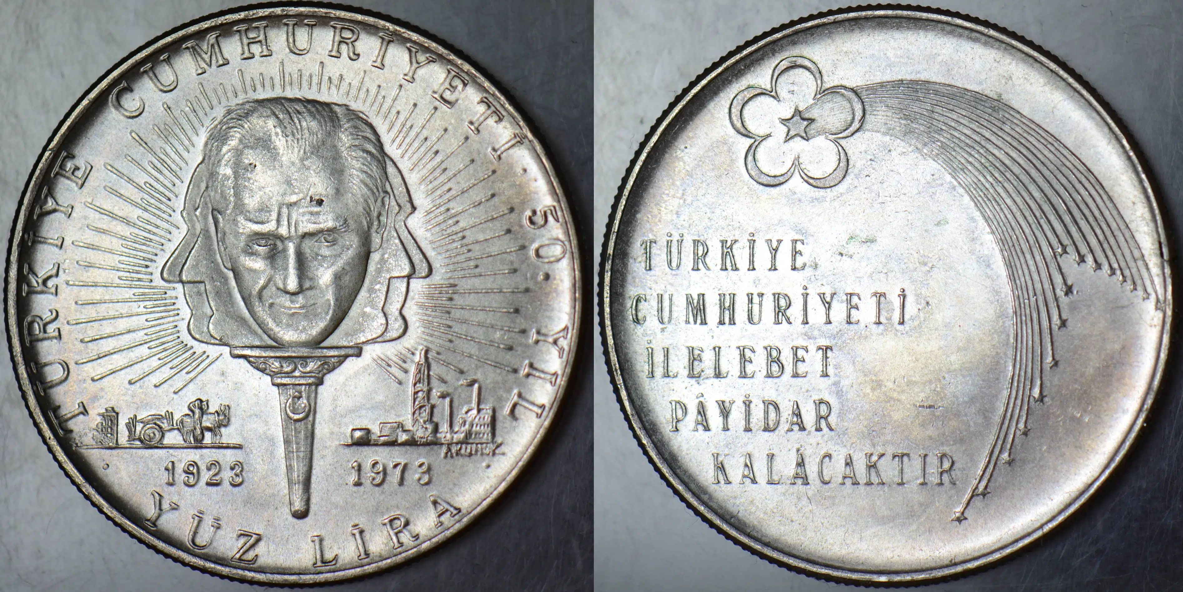 CUMHURİYET'İN 100. YILI 100 LİRA 1973 GÜMÜŞ 21,7 gr. ÇİL(-)