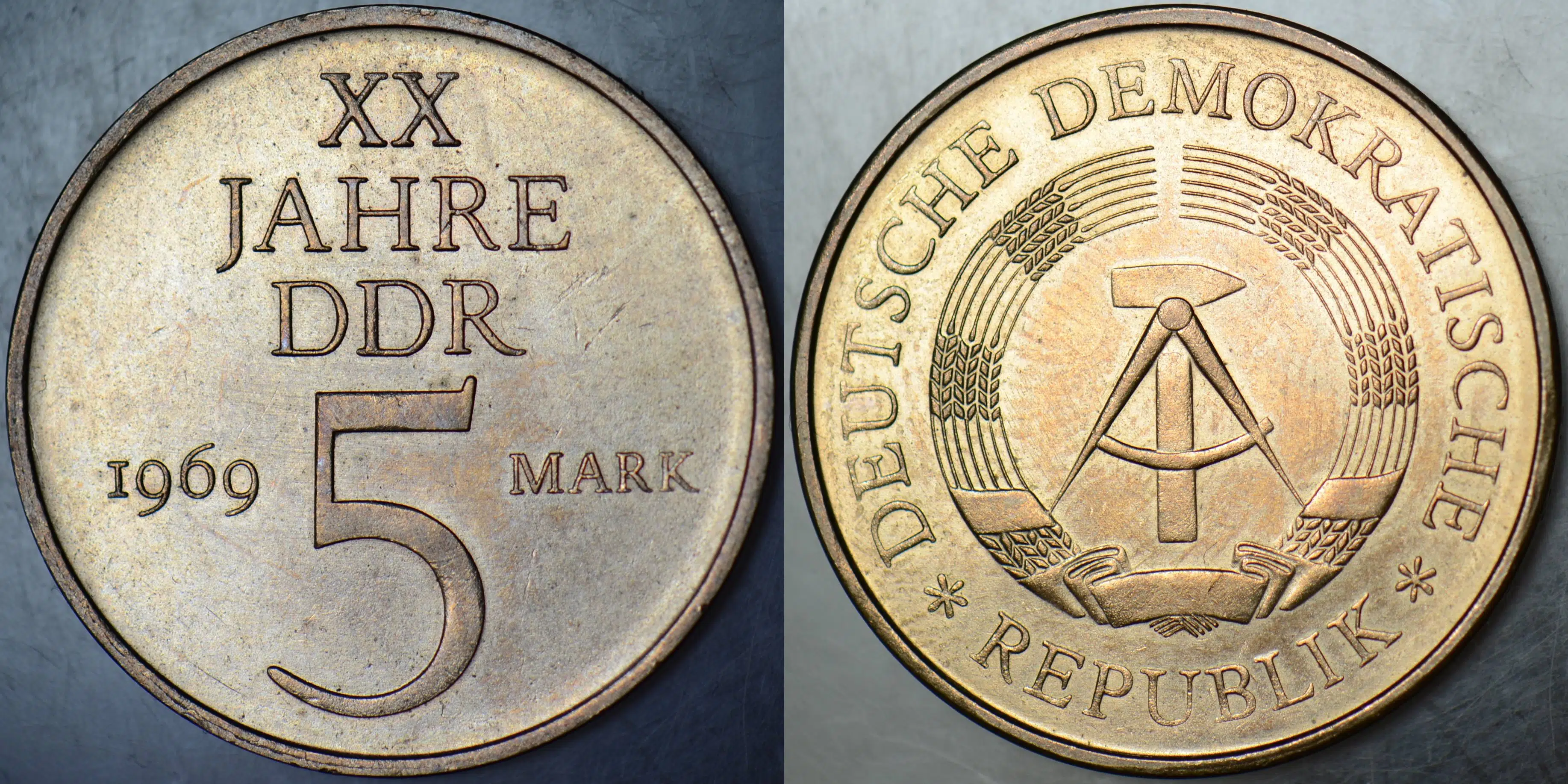 DOĞU ALMANYA 5 MARK 1969 SİRKÜLASYON HATIRA-DDR 20. YIL DEMOKRATİK ALMANYA. ÇİL(-)