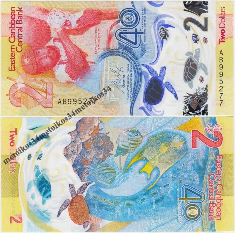 DOĞU KARAYİPLER HATIRA 2 DOLAR 2023 MERKEZ BANKASININ 40. YILI ANISINA POLYMER PARA. ÇİL KONDİSYON.