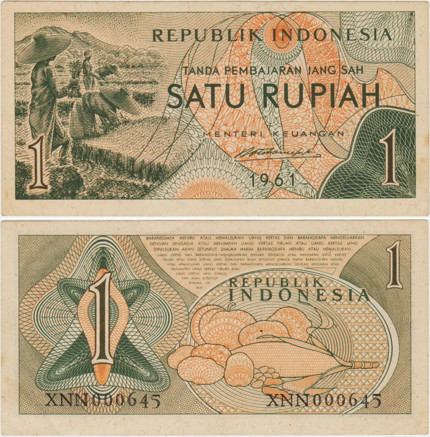 ENDONEZYA 1 RUPİAH 1961 REPLACEMENT XNN SERİ. ÇİLALTI++ KONDİSYON.