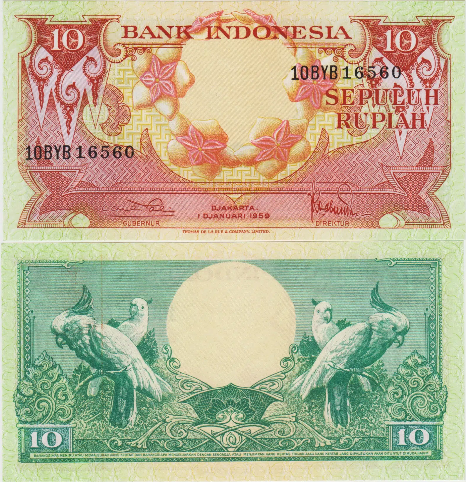 ENDONEZYA 10 RUPİAH 1959 PAPAĞAN TEMALI. ÇİL KONDİSYON.