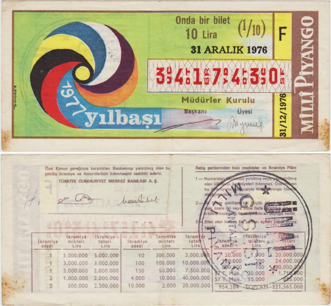 ESKİ MİLLİ PİYANGO 1/10 BİLET 31 ARALIK 1976 ÇEYREK. 1977 YILBAŞI.