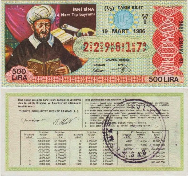 ESKİ MİLLİ PİYANGO 1/2 BİLET 19 MART 1986 YARIM. İBNİ SİNA TEMALI.