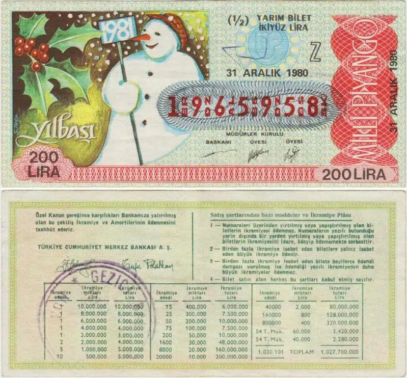 ESKİ MİLLİ PİYANGO 1/2 YARIM BİLET 31 ARALIK 1980 YILBAŞI KARDAN ADAM. 200 LİRA.