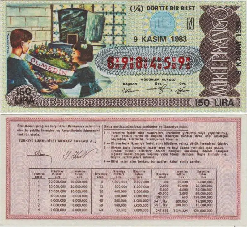 ESKİ MİLLİ PİYANGO 1/4 BİLET 9 KASIM 1983 ÇEYREK. 10 KASIM TEMALI. 150 LİRA.