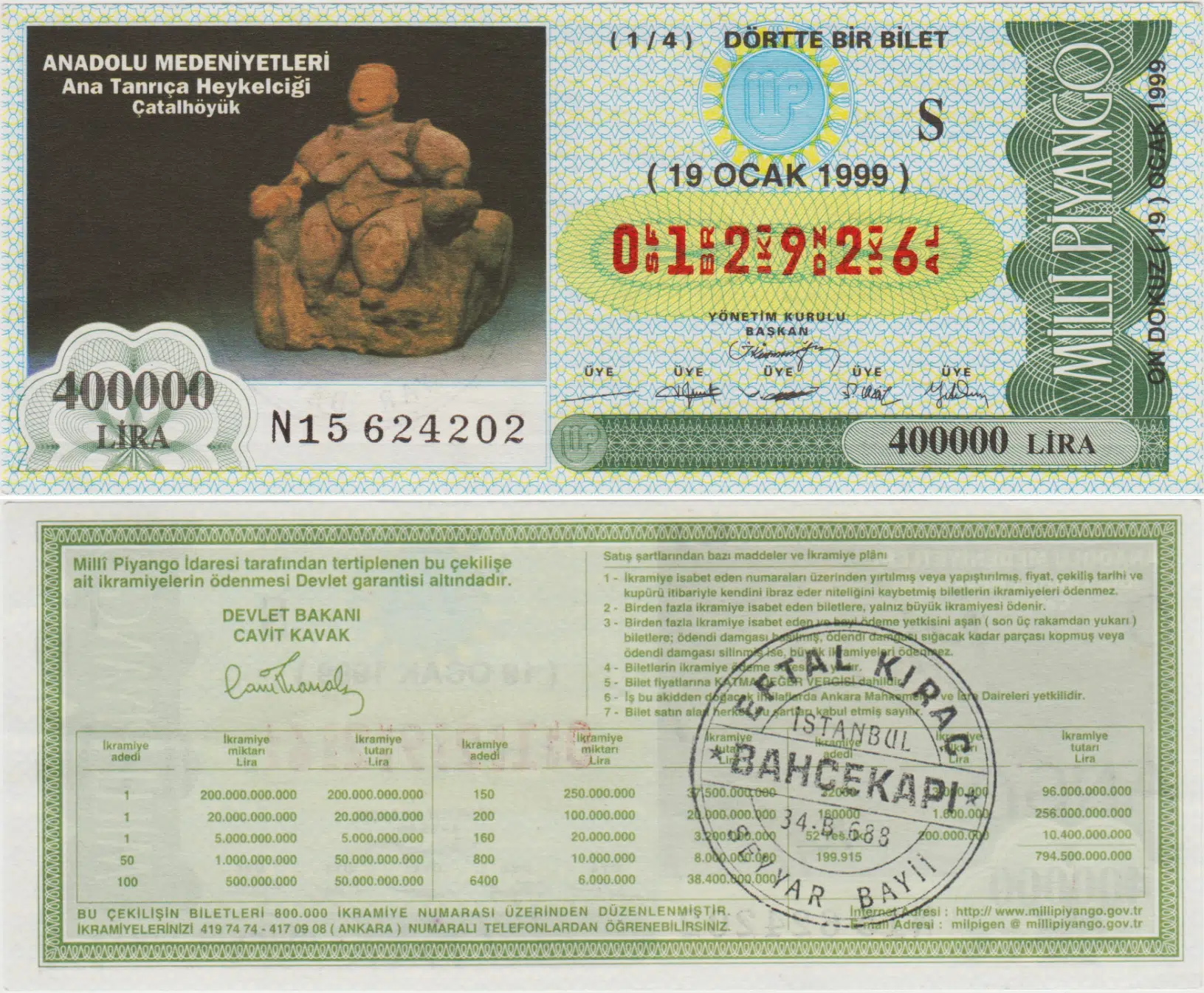 ESKİ MİLLİ PİYANGO 1/4 ÇEYREK BİLET 19 OCAK1999 S SERİSİ. ANADOLU MEDENİYETLERİ - ANA TANRIÇA HEYKELCİĞİ - ÇATALHÖYÜK.