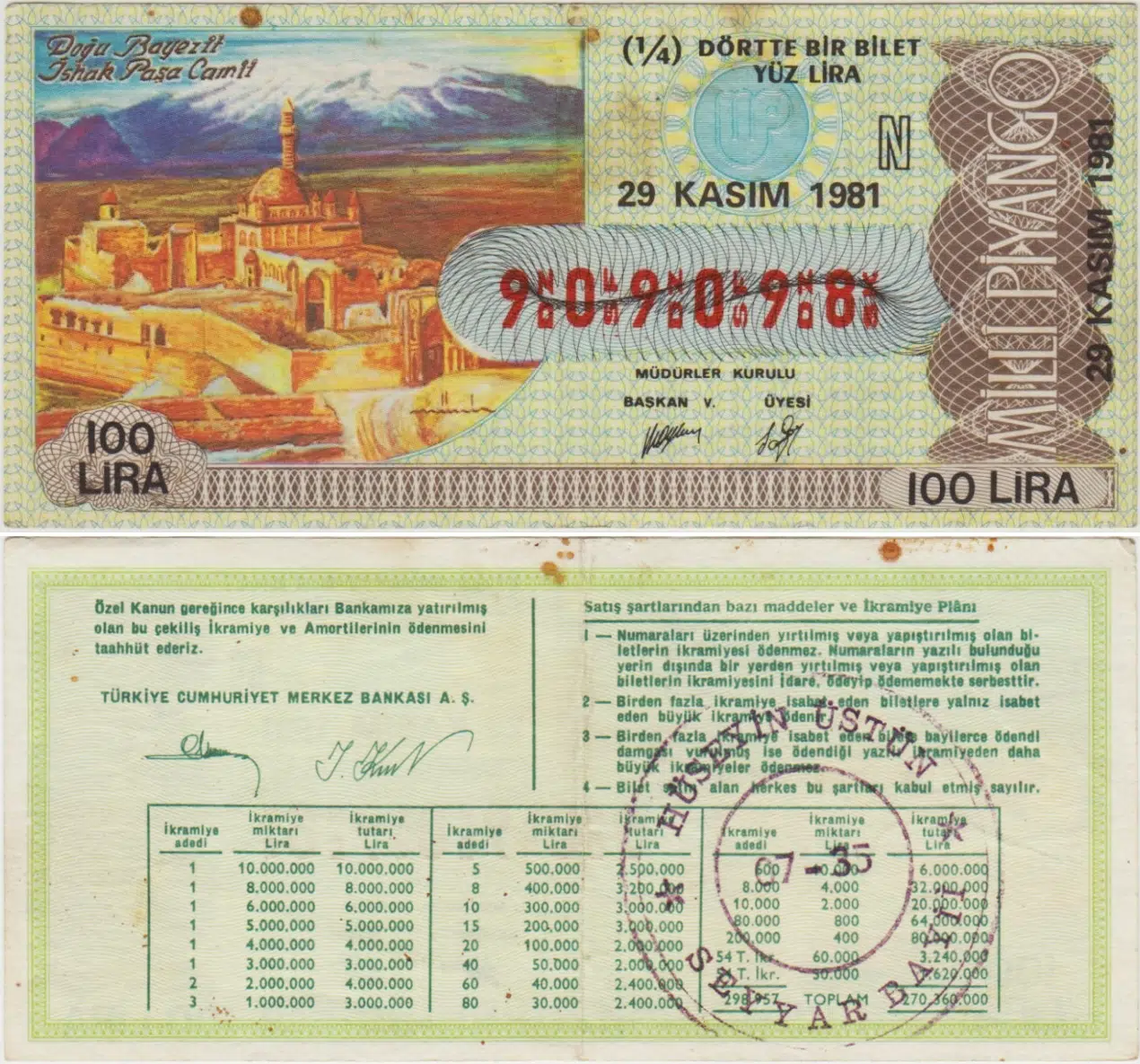ESKİ MİLLİ PİYANGO 1/4 ÇEYREK BİLET 29 KASIM 1981 DOĞU BAYEZİT-İSHAK PAŞA. N SERİSİ 100 LİRA. LEKELİ