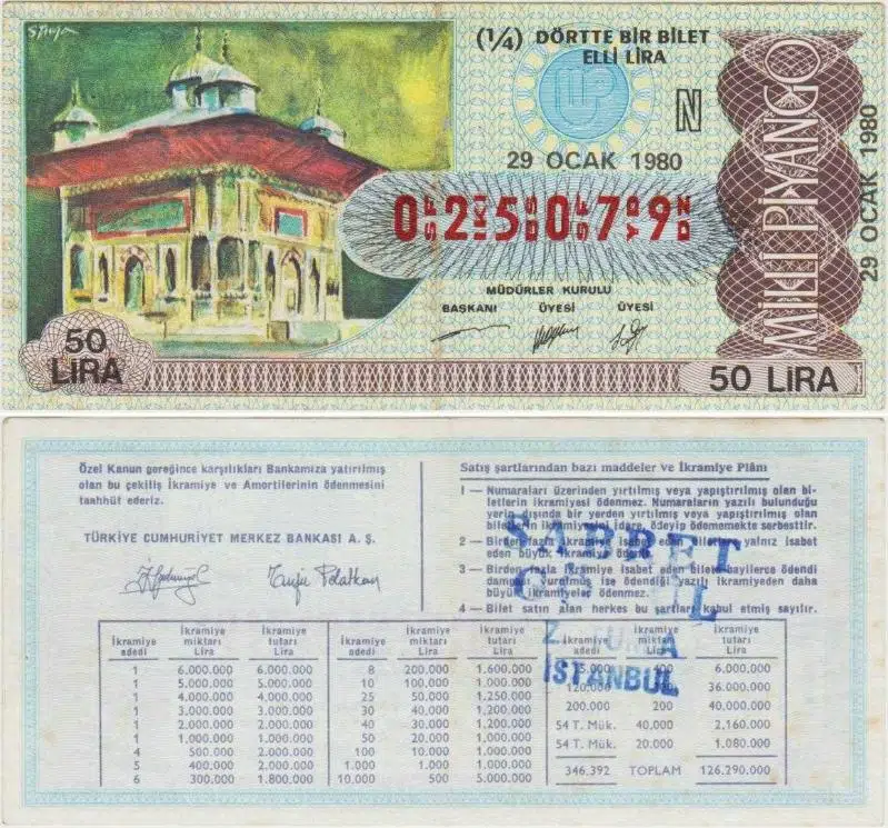 ESKİ MİLLİ PİYANGO 1/4 ÇEYREK BİLET 29 OCAK 1980.