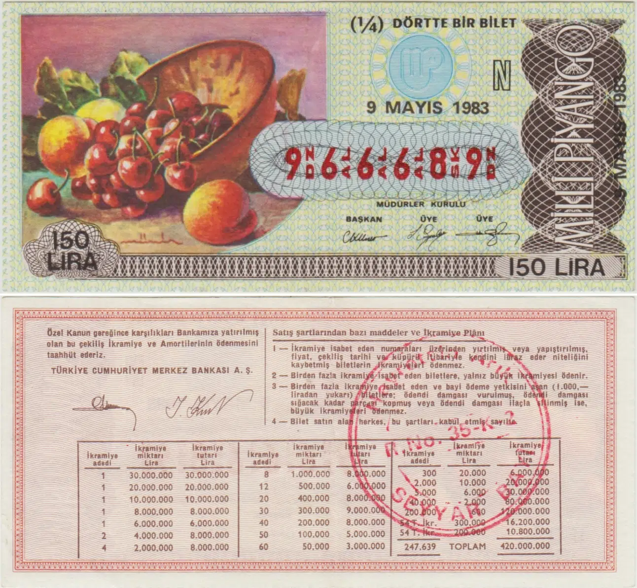 ESKİ MİLLİ PİYANGO 1/4 ÇEYREK BİLET 9 MAYIS 1983 MEYVELER.