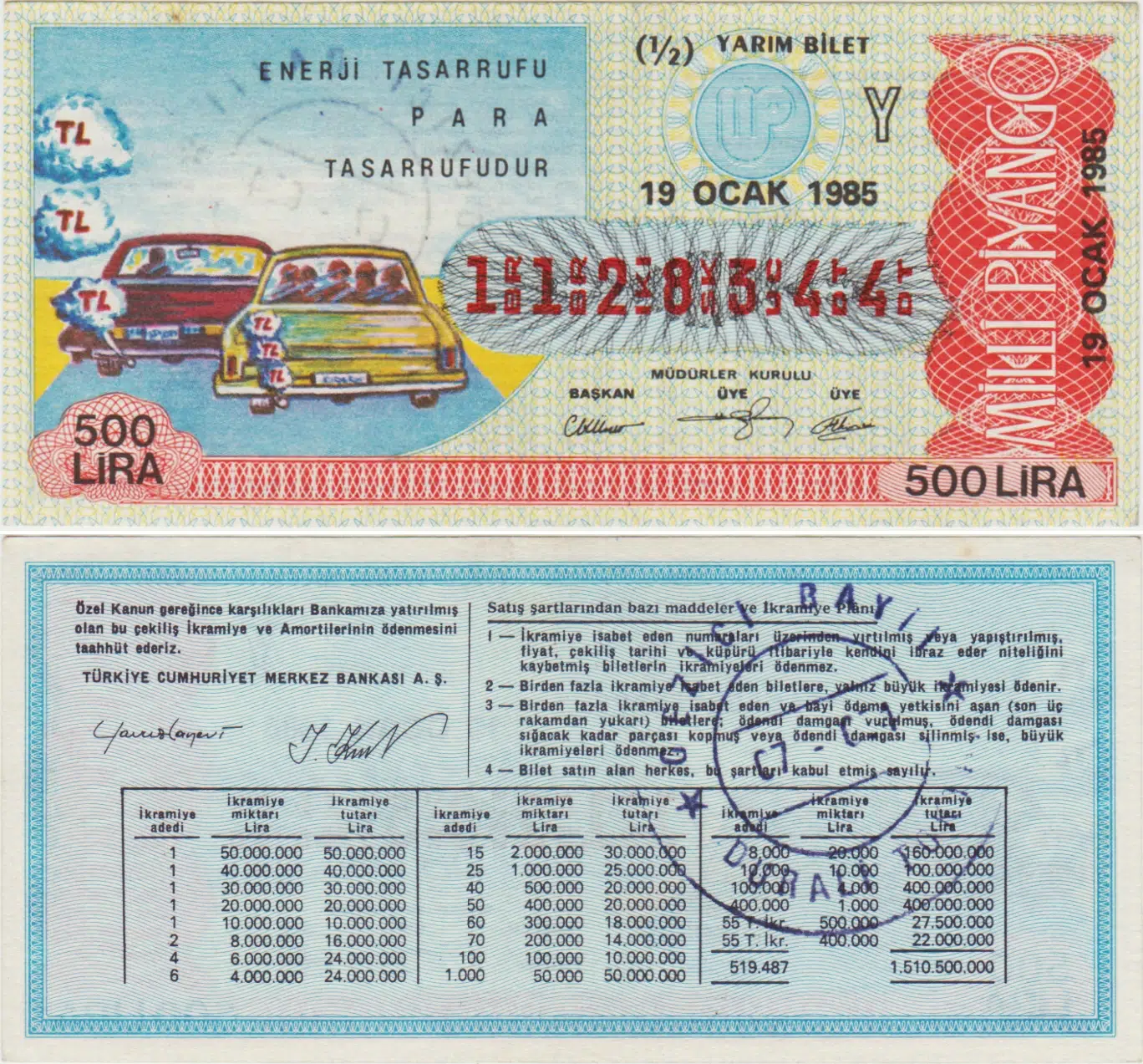 ESKİ MİLLİ PİYANGO 12 YARIM BİLET 19 OCAK 1985. ENERJİ TAARRUFU.