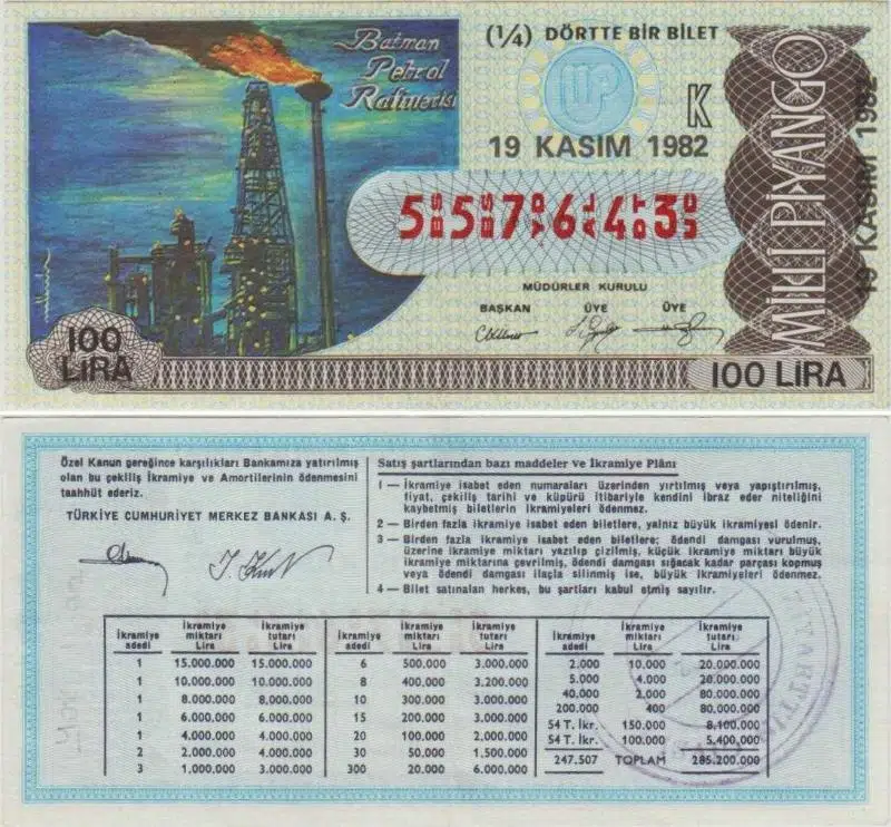 ESKİ MİLLİ PİYANGO 19 KASIM 1982 ÇEYREK 1/4 BİLET. BATMAN PETROL RAFİNERİSİ TEMALI 100 LİRA K SERİSİ.