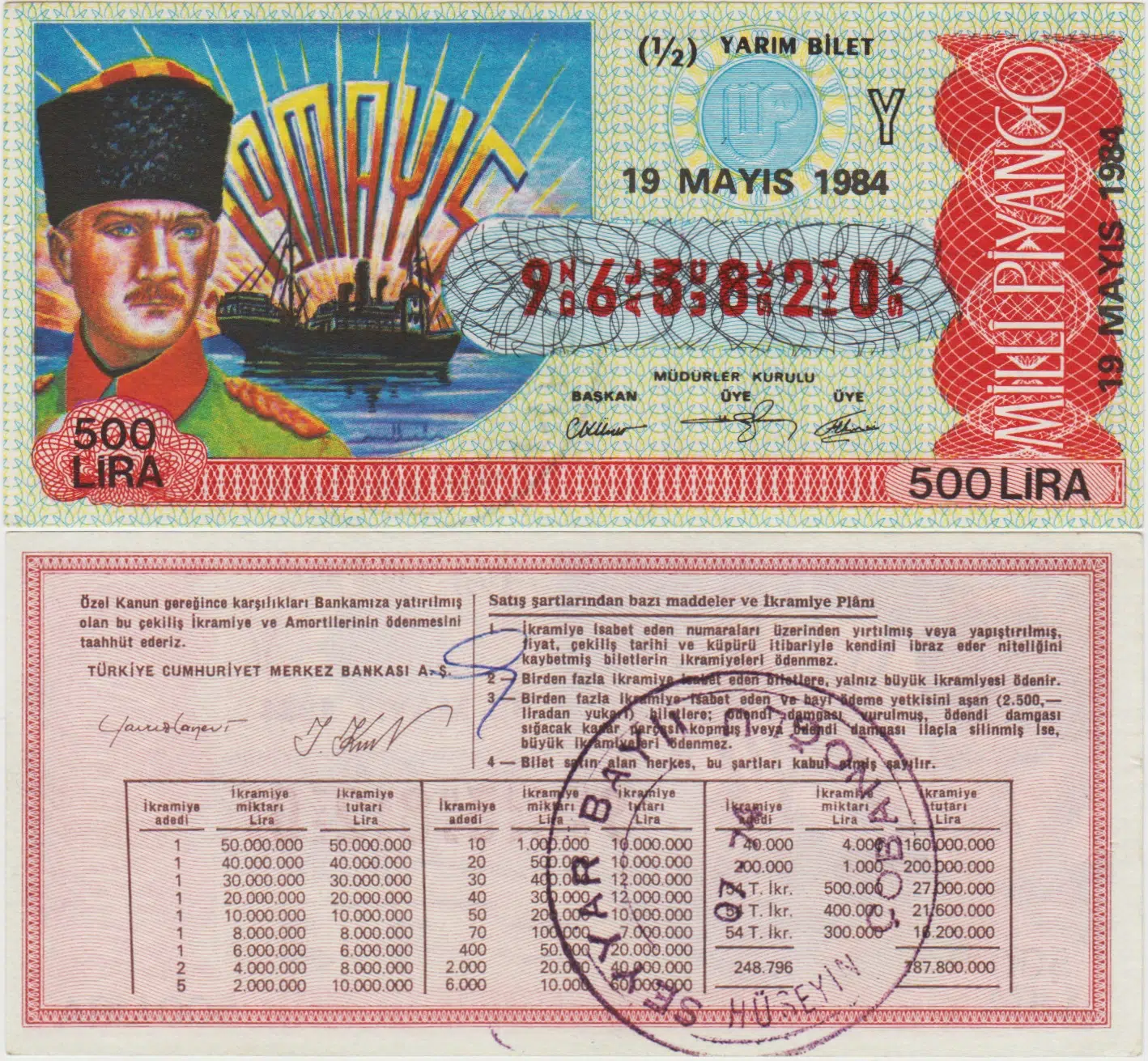 ESKİ MİLLİ PİYANGO 19 MAYIS 1984 YARIM BİLET. ATATÜRK-SAMSUNA ÇIKIŞ.