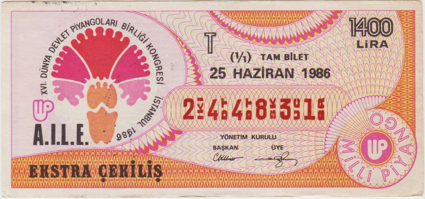ESKİ PİYANGO 25 HAZİRAN 1986 EKSTRA ÇEKİLİŞ TAM BİLET-DÜNYA DEVLET PİYANGOLARI BİRLİĞİ.