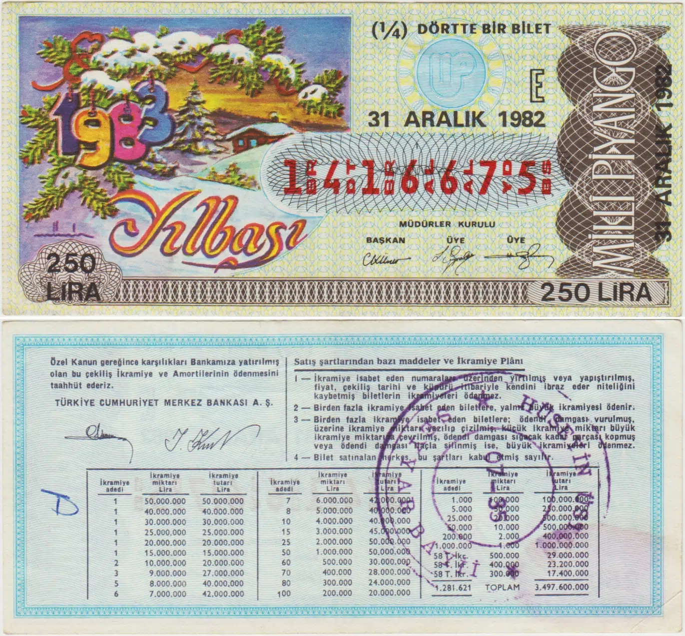 ESKİ MİLLİ PİYANGO 31 ARALIK 1982 ÇEYREK 1/4 BİLET. YILBAŞI 250 LİRA E SERİSİ.