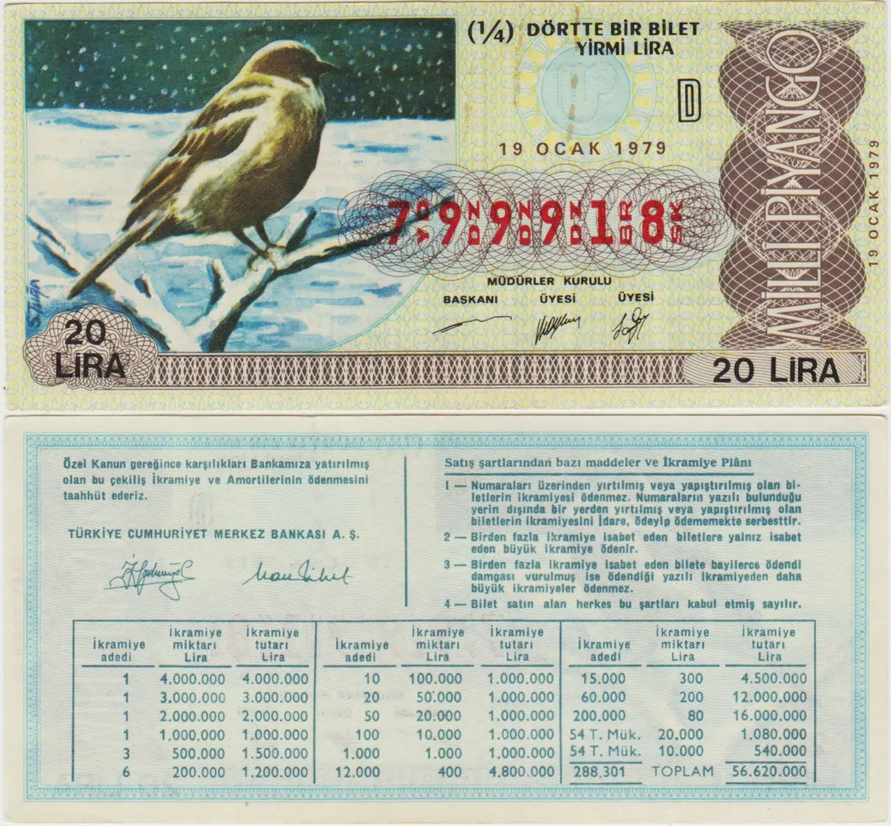 ESKİ MİLLİ PİYANGO BİLET 19 OCAK 1979 ÇEYREK. DAMGASIZ. ÇİL.