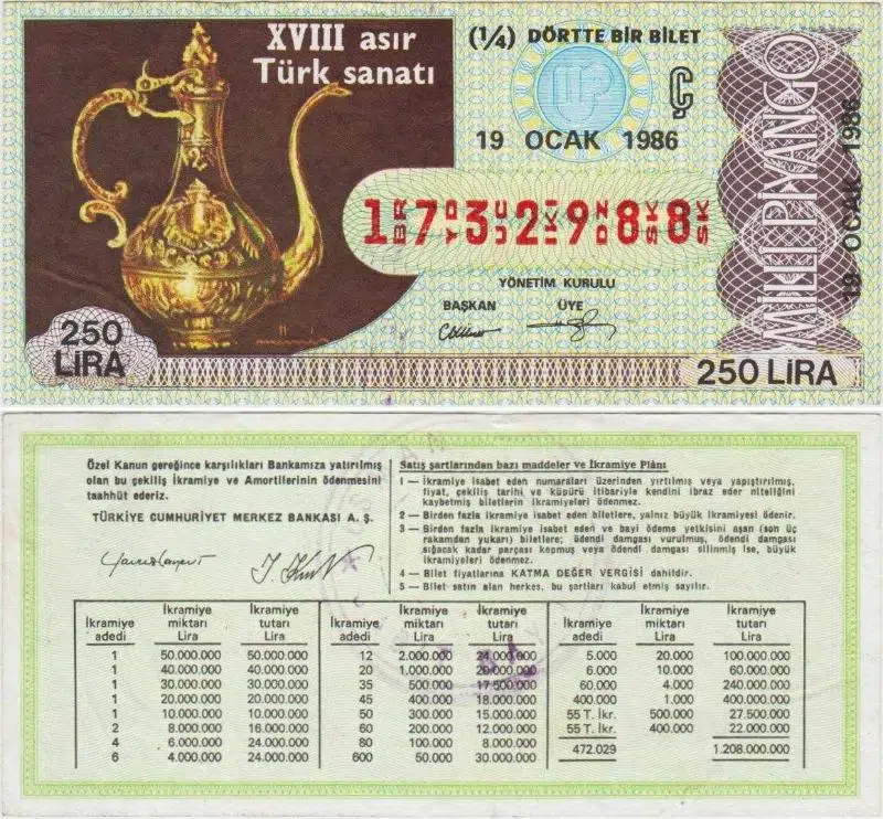 ESKİ MİLLİ PİYANGO BİLETİ 19 OCAK 1986 ÇEYREK 1/4 BİLET 250 LİRA. XVIII. ASIR TÜRK SANATI.