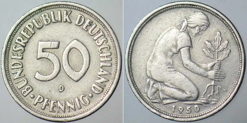 FEDERAL ALMANYA 50 FENNIG 1950 D HARFİ MÜNİH DARBI.