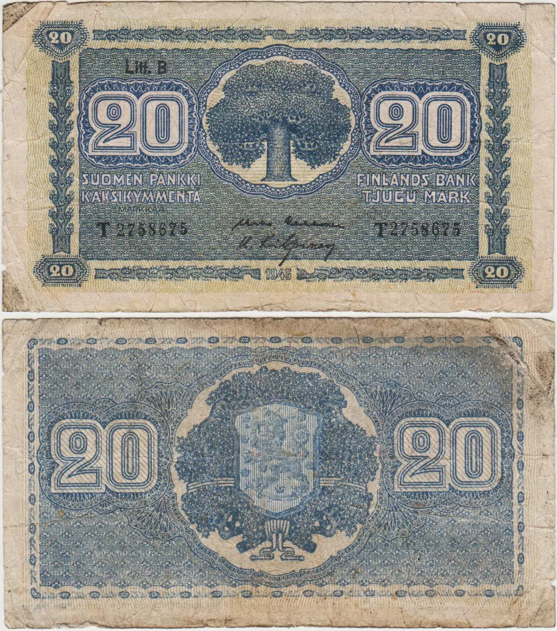 FİNLANDİYA 20 MARKKAA 1945 II. DÜNYA SAVAŞI DÖNEMİ. TEMİZ.