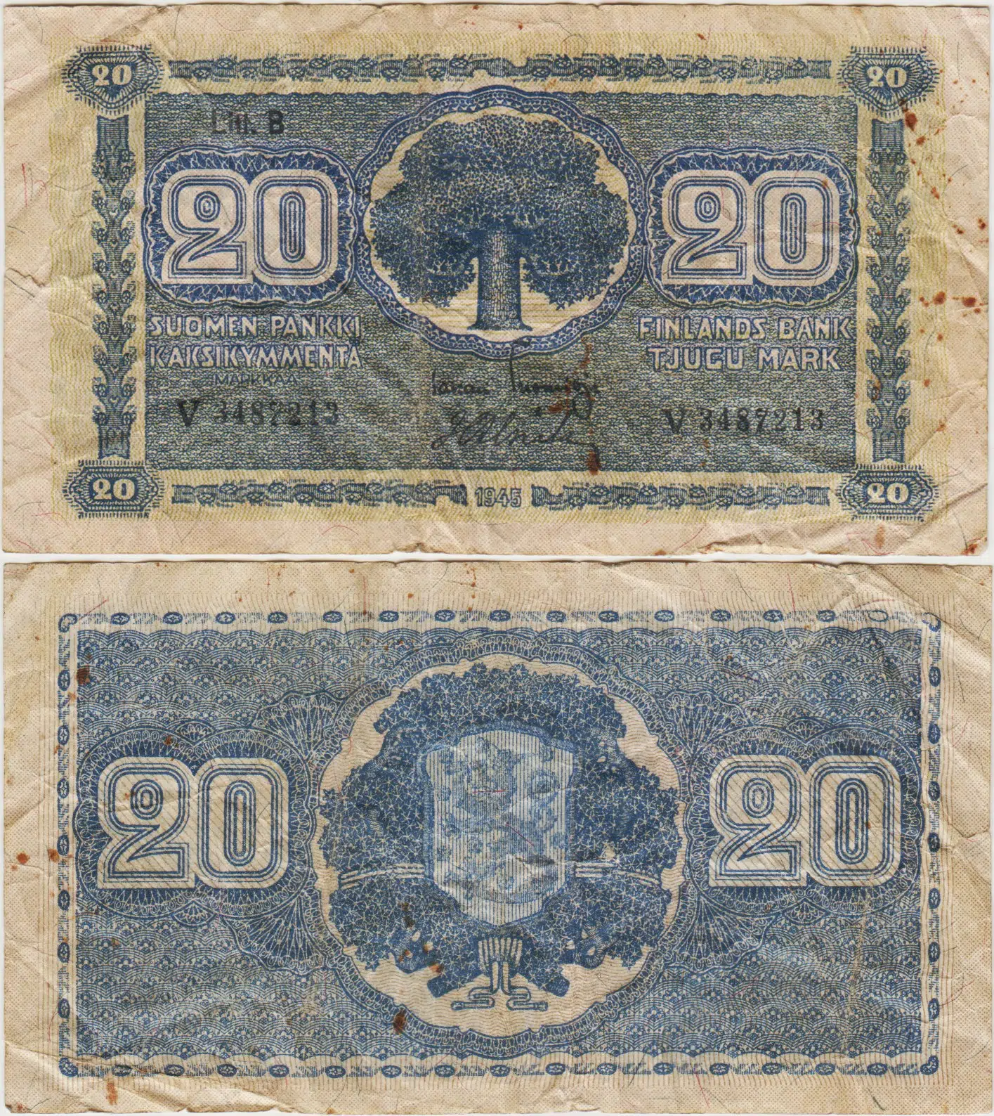 FİNLANDİYA 20 MARKKAA 1945 II. DÜNYA SAVAŞI DÖNEMİ. TEMİZ.