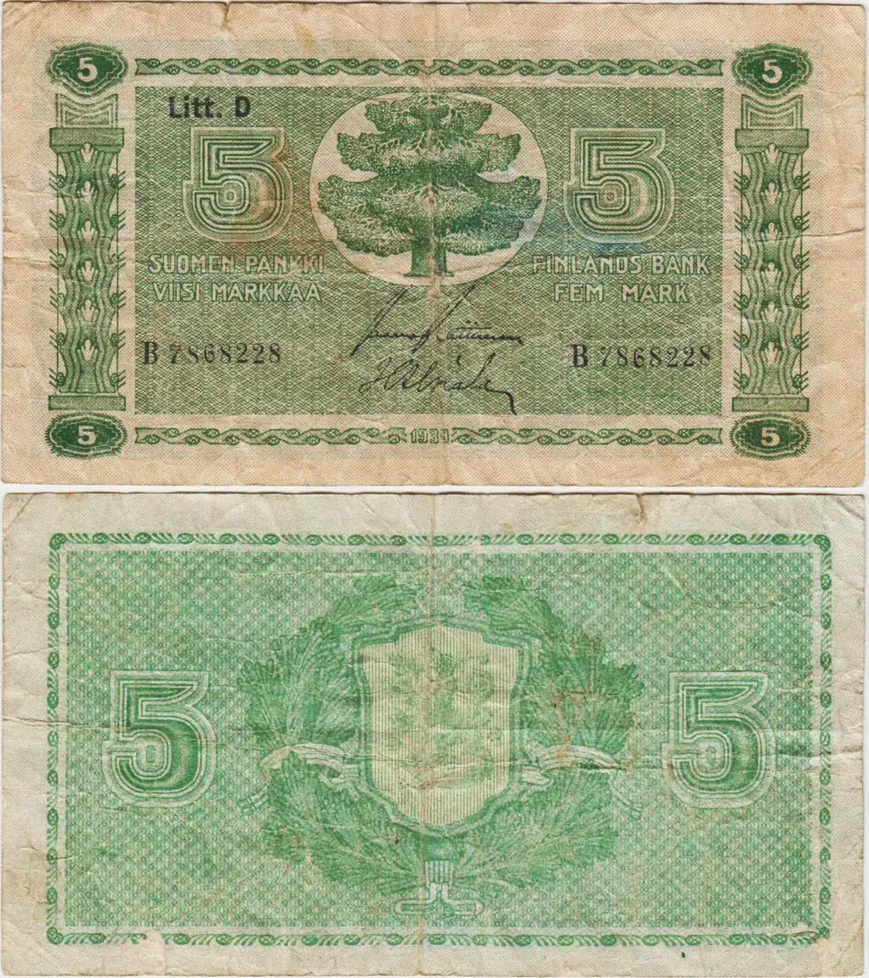 FİNLANDİYA 5 MARKKAA 1939 II. DÜNYA SAVAŞI DÖNEMİ. TEMİZ+