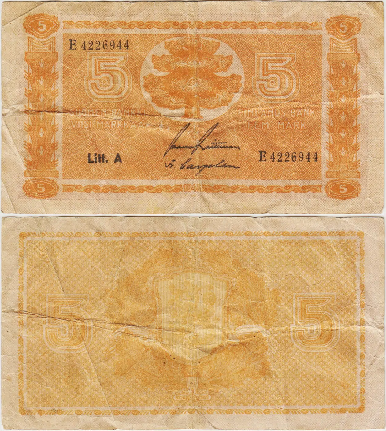 FİNLANDİYA 5 MARKKAA 1945 II. DÜNYA SAVAŞI DÖNEMİ. ÇOK TEMİZ(-)