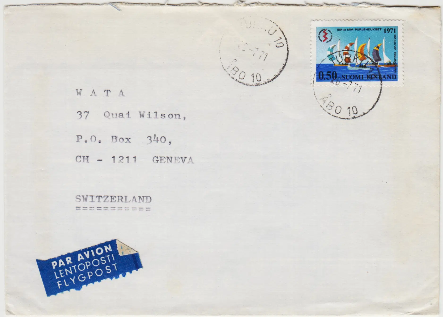 FİNLANDİYA'DAN İSVİÇRE'YE POSTADAN GEÇMİŞ PULLU ZARF 1971.