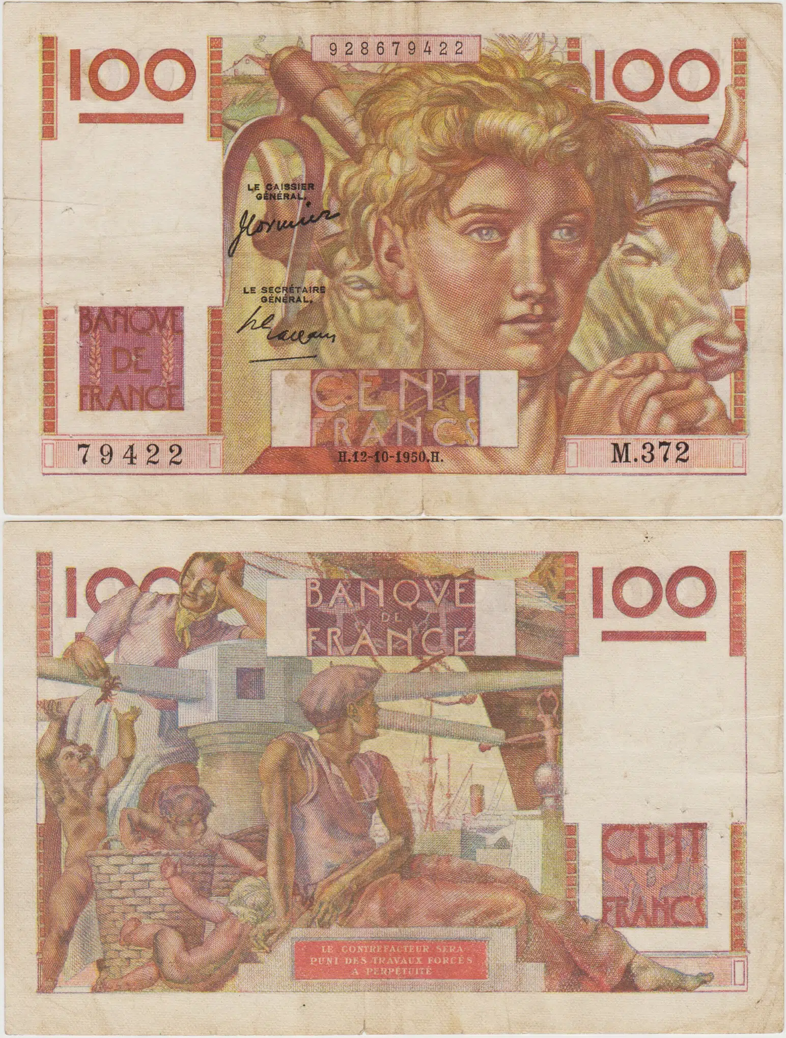 FRANSA 100 FRANK 1950 alt kenarda 0,5 cm yırtık ÇOK TEMİZ.