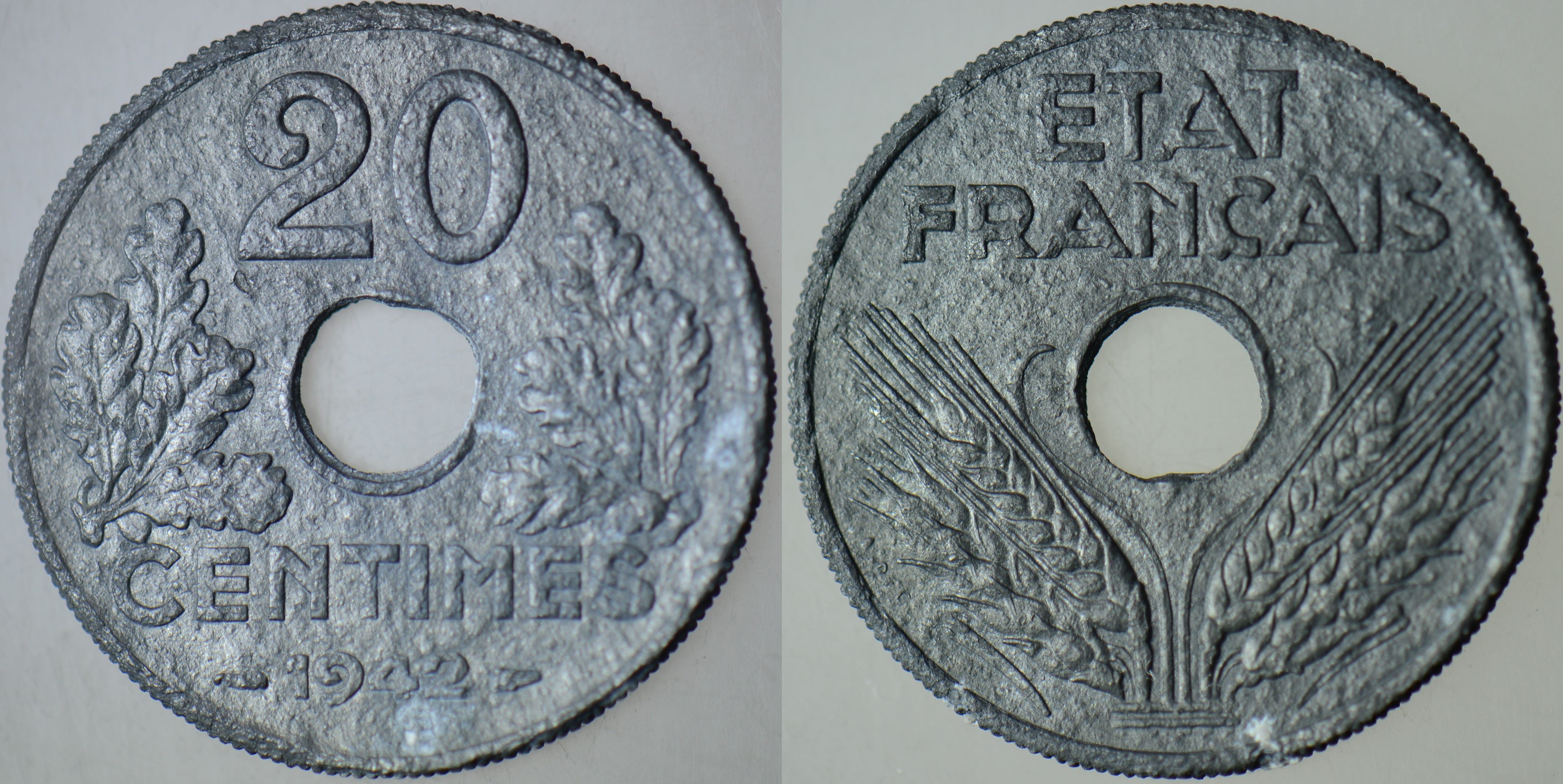 FRANSA 20 CENTIMES 1942 İKİNCİ DÜNYA SAVAŞI DÖNEMİ ÇİNKO. Km 900.1