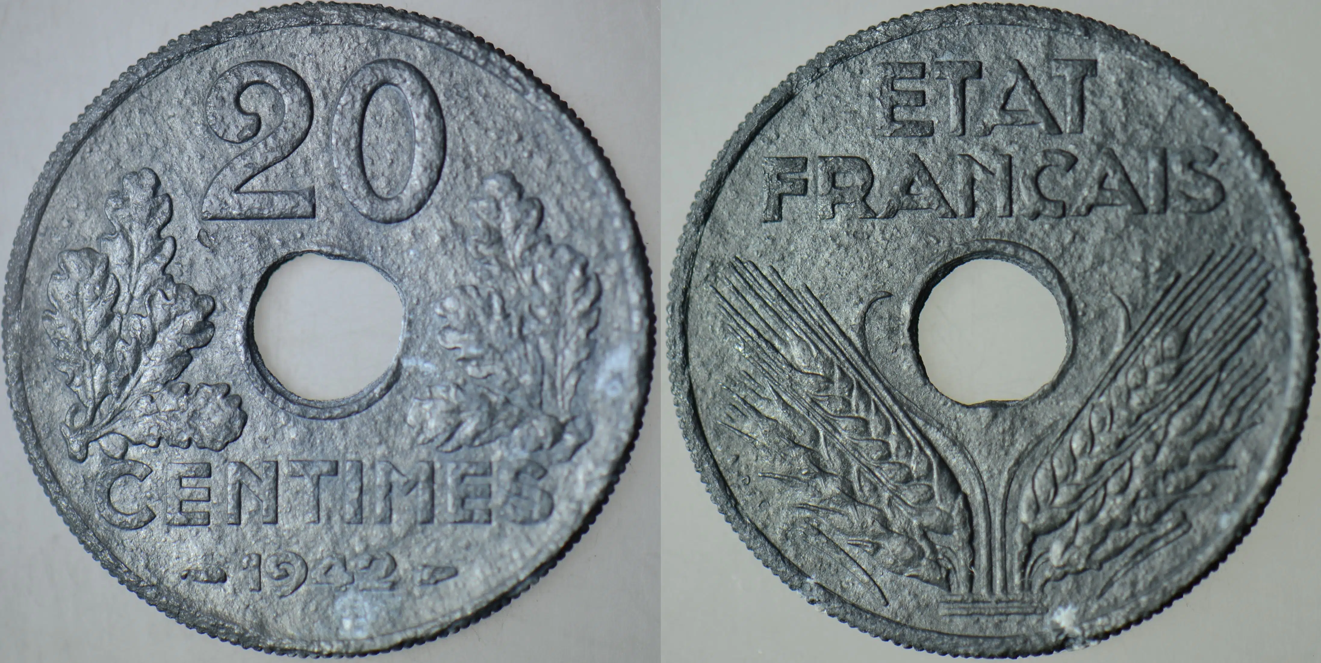 FRANSA 20 CENTIMES 1942 İKİNCİ DÜNYA SAVAŞI DÖNEMİ ÇİNKO. Km 900.1