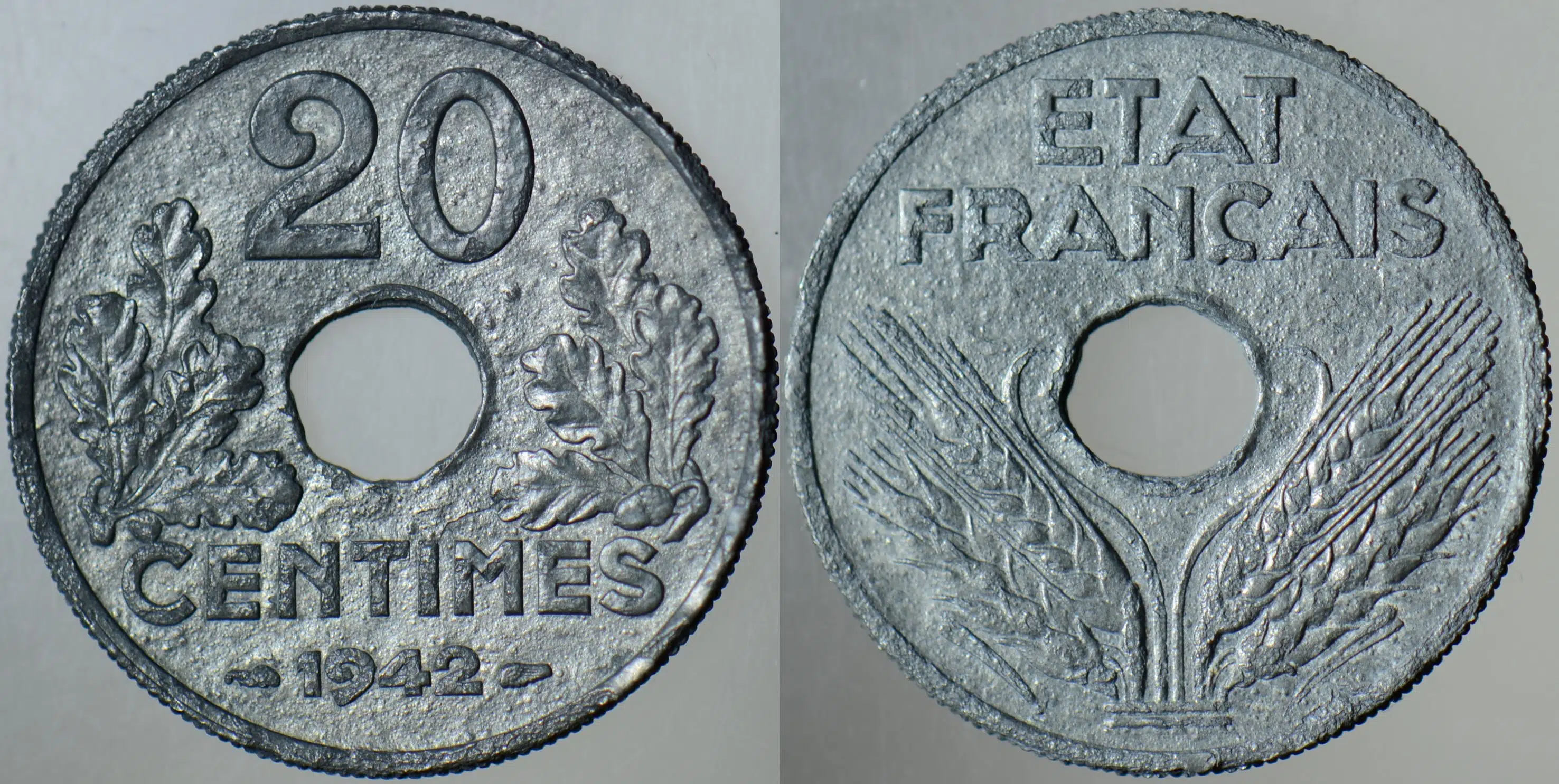 FRANSA 20 CENTIMES 1942 İKİNCİ DÜNYA SAVAŞI DÖNEMİ ÇİNKO. Km 900.1