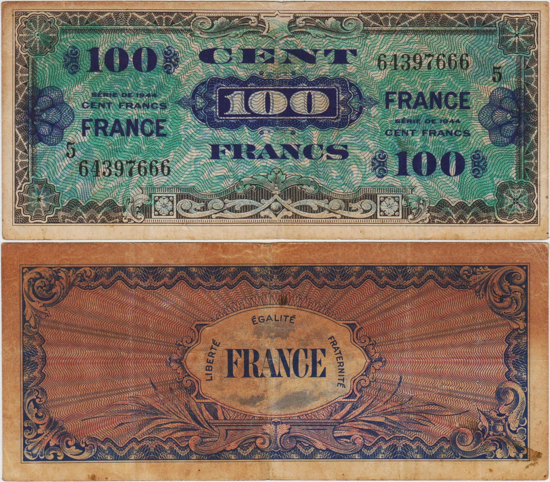 FRANSA 100 FRANK 1944 II. DÜNYA SAVAŞI GEÇİŞ DÖNEMİ. ÇOK TEMİZ(-)