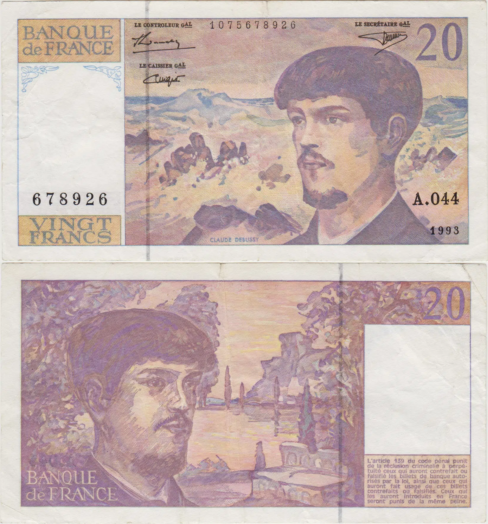 FRANSA 20 FRANK 1993 A.044 NADİR TARİH ve HARF. ÇOK TEMİZ.