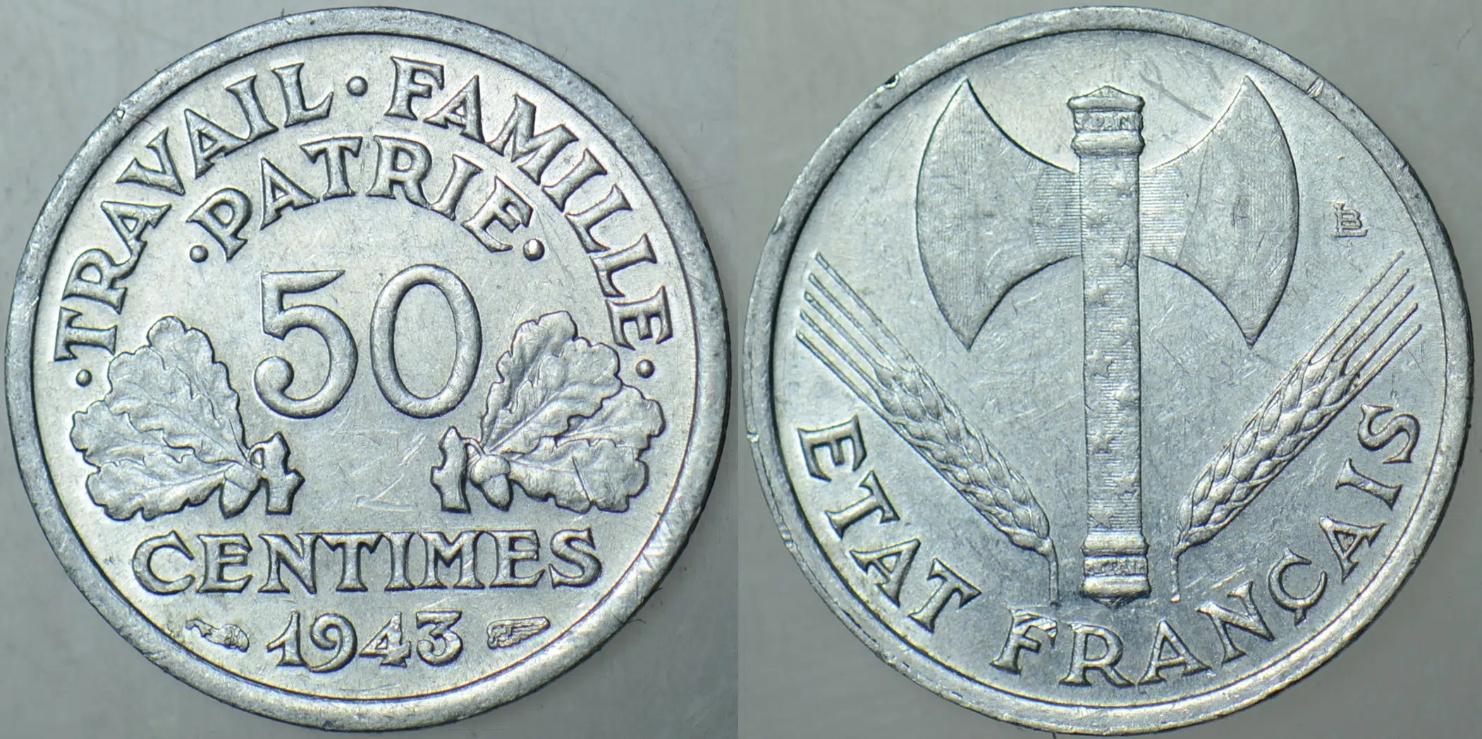 FRANSA 50 CENTİMES 1943 İKİNCİ DÜNYA SAVAŞI NAZİ İŞGALİ DÖNEMİ. ÇİLALTI.