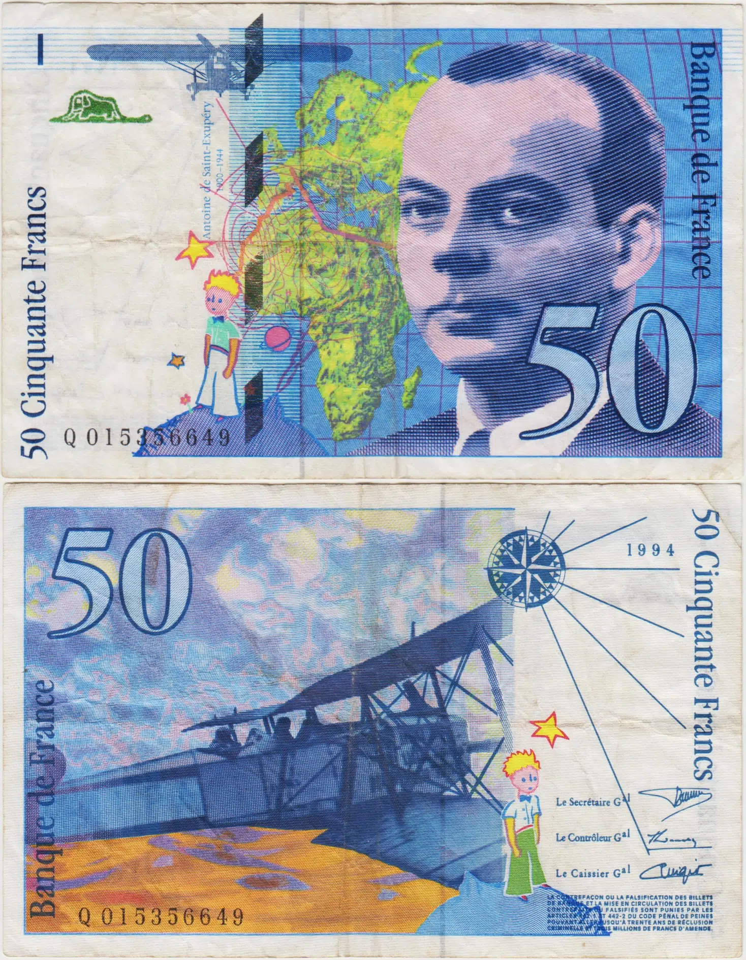 FRANSA 50 FRANK 1994 HAVACILIK-UÇAK-KÜÇÜK PRENS TEMALI. ÇOK TEMİZ.