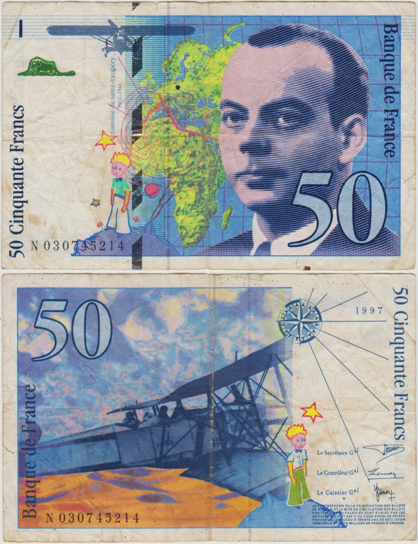 FRANSA 50 FRANK 1997 HAVACILIK-UÇAK-KÜÇÜK PRENS TEMALI. ÇOK TEMİZ(-)
