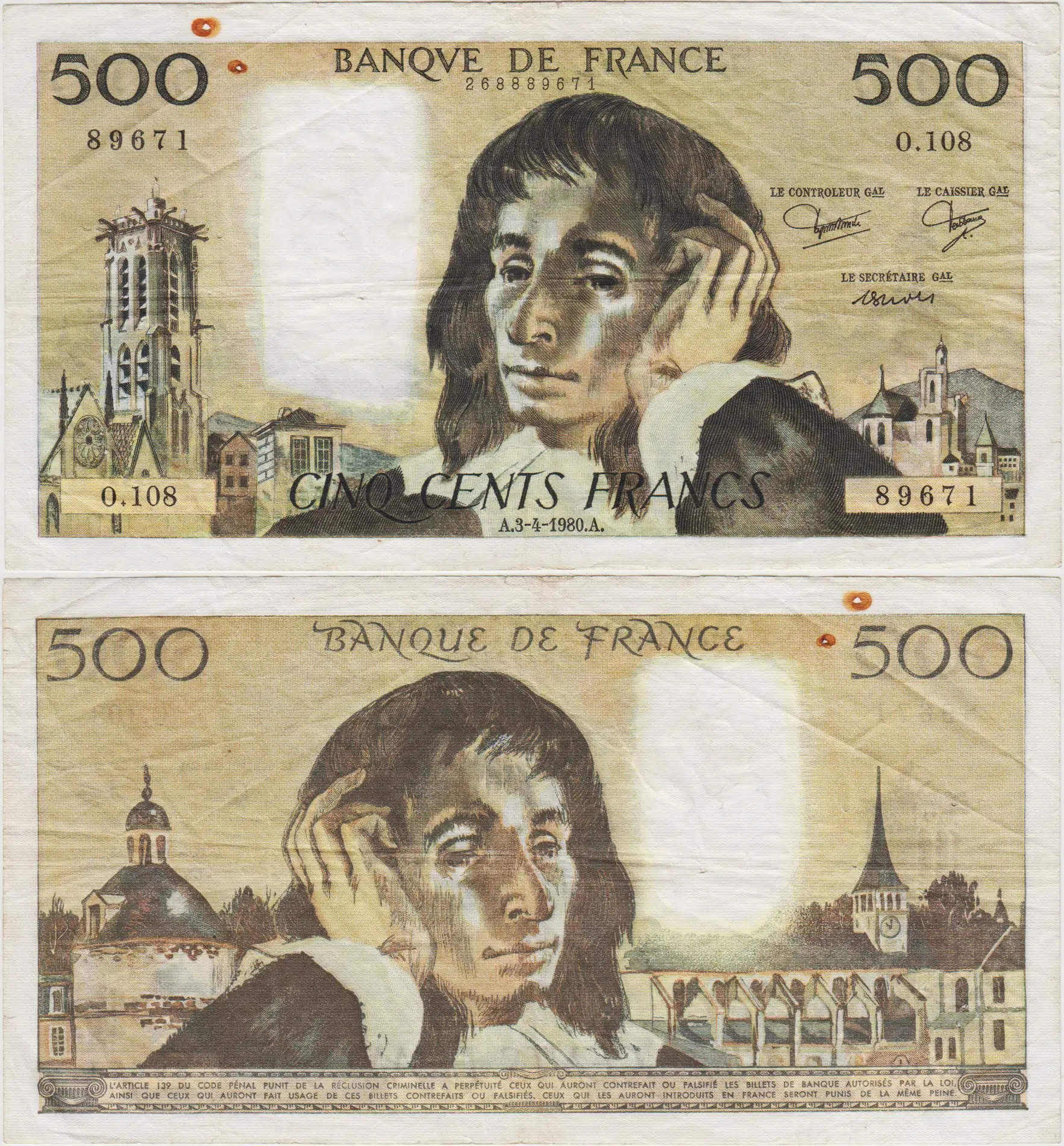 FRANSA 500 FRANK 1980 AZ ÇIKAN TARİH. ÜST KENARDA ZIMBADELİĞİ ÇOK ÇOK TEMİZ(-)