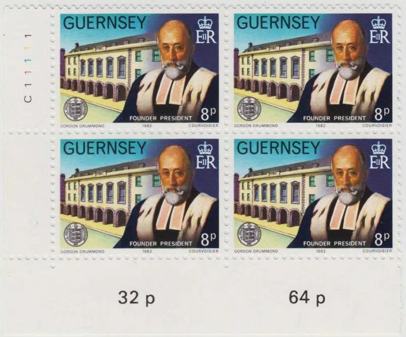 GUERNSEY 4 LÜ BLOK PUL 1982 ÖNEMLİ KİŞİLER - KURUCU BAŞKAN SIR EDGAR MACCULLOCH. DAMGASIZ. MNH