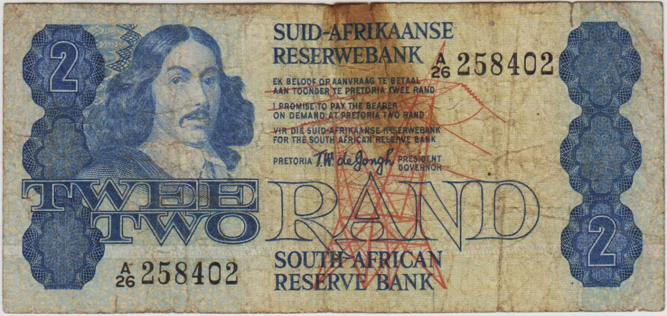 GÜNEY AFRİKA 2 RAND 1981-90 üst ortada 2,5 cm yırtık ve bant izi HALİYLE.