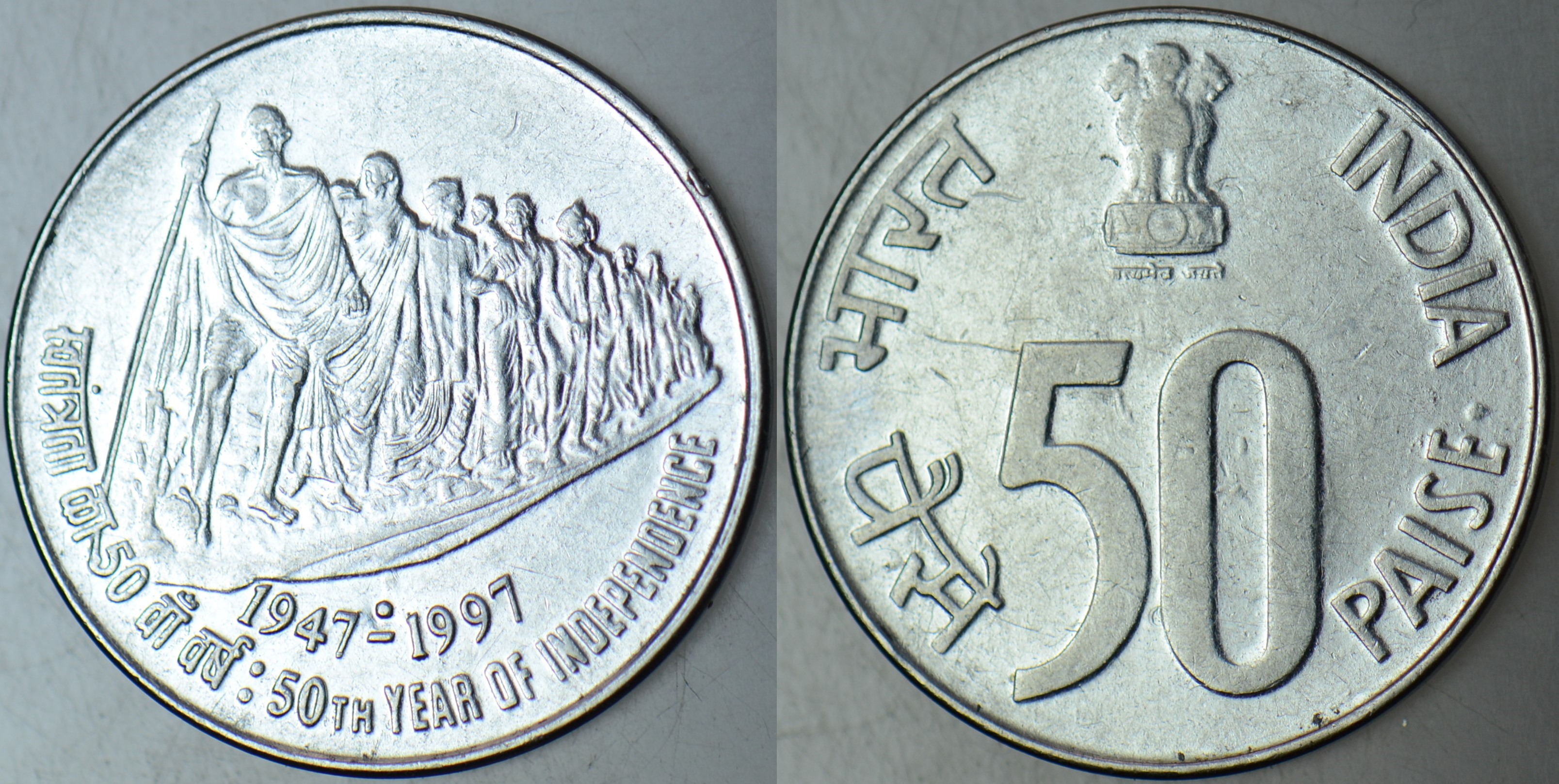 HİNDİSTAN 50 PAİSE 1997 SİRKÜLASYON HATIRA-BAĞIMSIZLIĞIN 50. YILI GANDHİ'NİN YÜRÜYÜŞÜ.