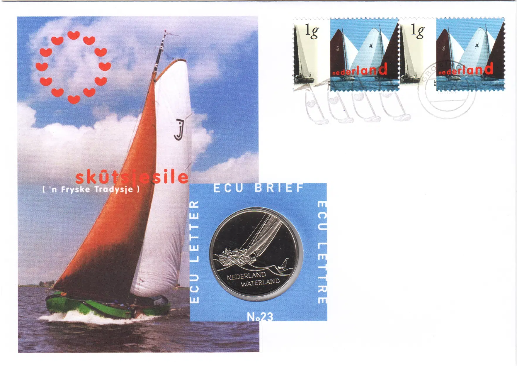 HOLLANDA 1 ECU 1997 WATERLAND-YELKENLİ. PULLU İLK GÜN ZARFI İÇİNDE BİLGİ KARTIYLA. ÇİL KONDİSYON.