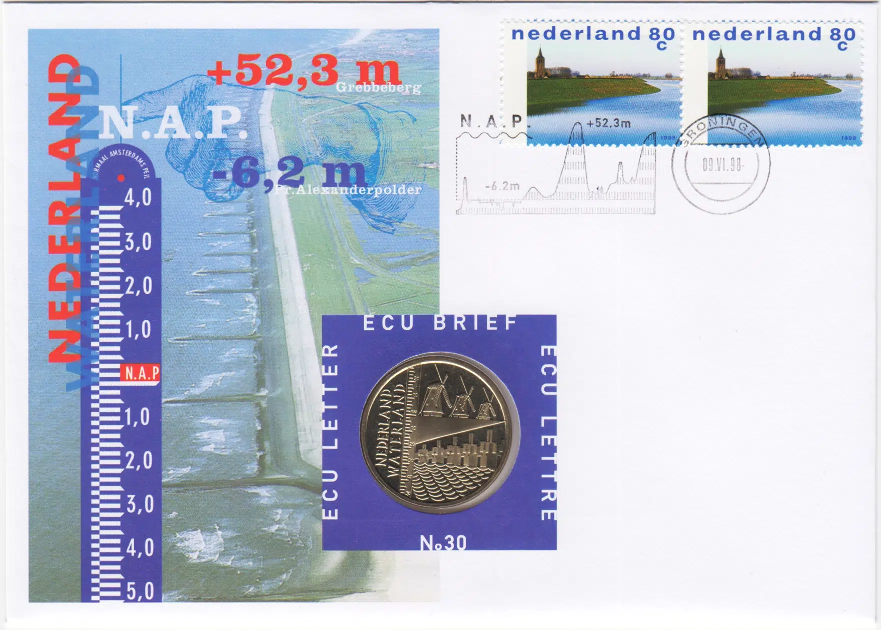 HOLLANDA 1 ECU 1998 WATERLAND. PULLU İLK GÜN ZARFI İÇİNDE BİLGİ KARTIYLA. ÇİL KONDİSYON.