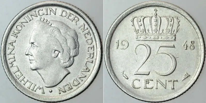 HOLLANDA 25 CENT 1948 KRALİÇE WİLHELMİNA DÖNEMİ.